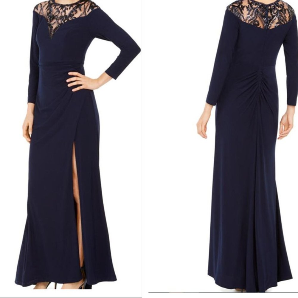 Adrianna Papell Illusion-Lace Gown Midnight Blue s